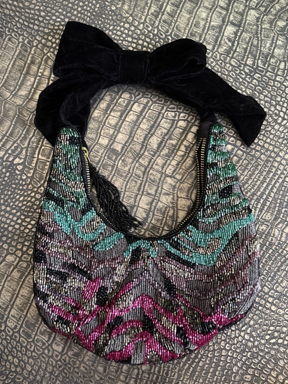 Velvet-Handle Beaded Zebra Pattern Shoulder Bag in Black, Teal & Fuchsia